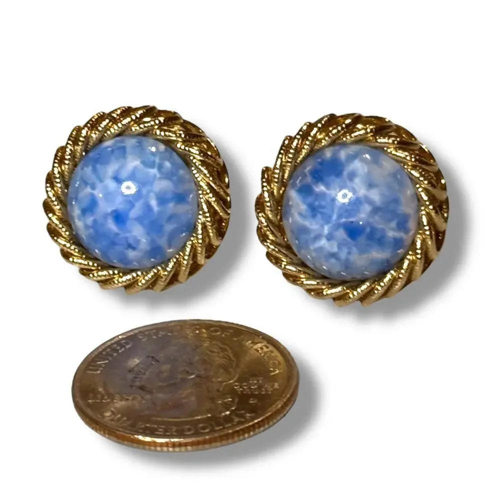 Vintage Cufflinks Mens Gold Tone Blue Swirl Glass Regency Bullet Back